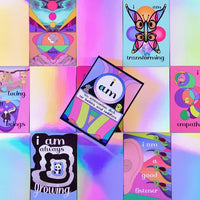 Collage of colorful affirmation cards with motivational phrases on a multicolored background