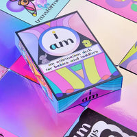Colorful 'i am' affirmation cards on a vibrant background