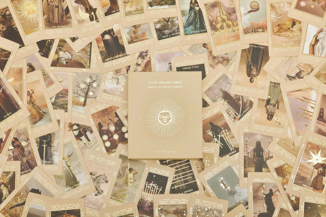 lucid dreams beginners tarot deck in beige with keywords and gold foil
