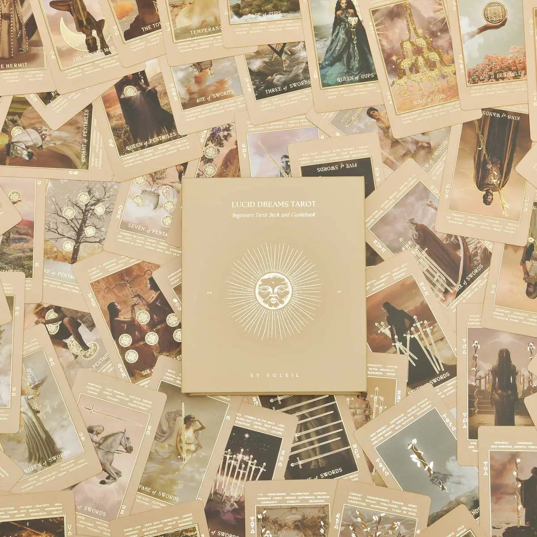 lucid dreams beginners tarot deck in beige with keywords and gold foil