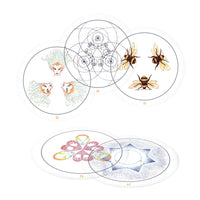 Illustrations of bees, flowers, and abstract designs on a white background from the transparent oracle 2nd edition
