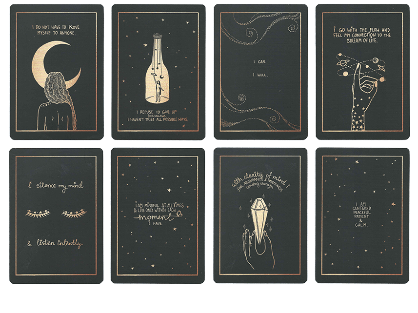 preview of affirmation cards of the deck by Dreamymoons, all cards in black and gold