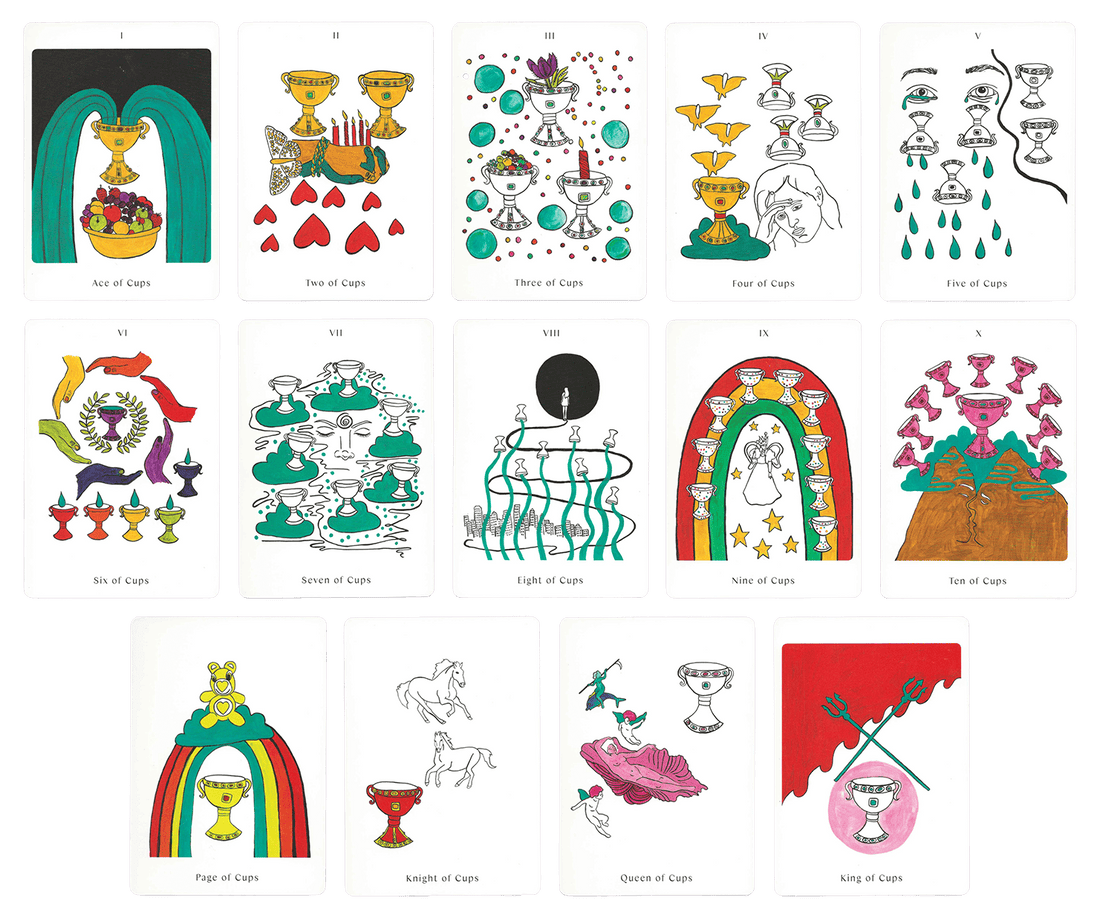 Cups minor arcana cards of the Apparition Tarot deck by Mary Evans (Spirit Speak Tarot). All minor arcana cups cards along with face cards of Apparitions Tarot