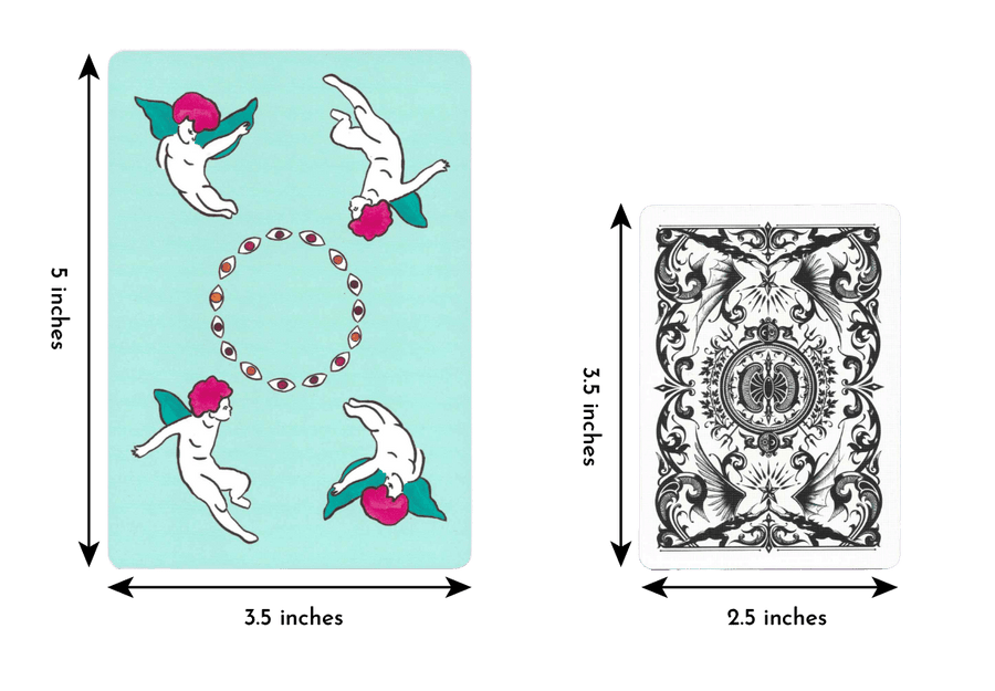Comparing the length and width of an Apparition Tarot deck card by Mary Evans (Spirit Speak) of length 5 inches and width 3.5 inches to a regular playing card of length 3.5 inches and width 2.5 inches.