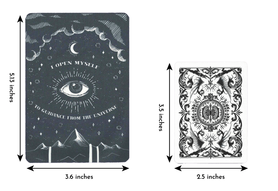 cosmic guidance oracle deck card of length 5.13 inches and width 3.6 inches compared to a regular playing card of length 3.5 inches and width 2.5 inches