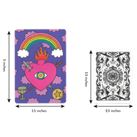 Size comparison rainbow heart tarot card height 5 inches and width 3.5 inches with regular playing card 3.5 inches and 2.5 inches.