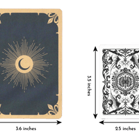 soul whispers oracle deck card of length 5.2 inches and width 3.6 inches compared to regular playing card of length 3.5 inches and width 2.5 inches