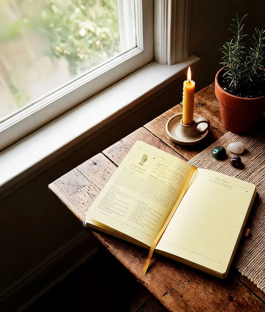 Open journal on a wooden surface with a lit candle and small plants near a window.