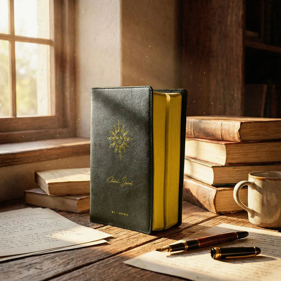 Black vegan leather journal with gold interior on a wooden table with books and a cup, and a pen.
