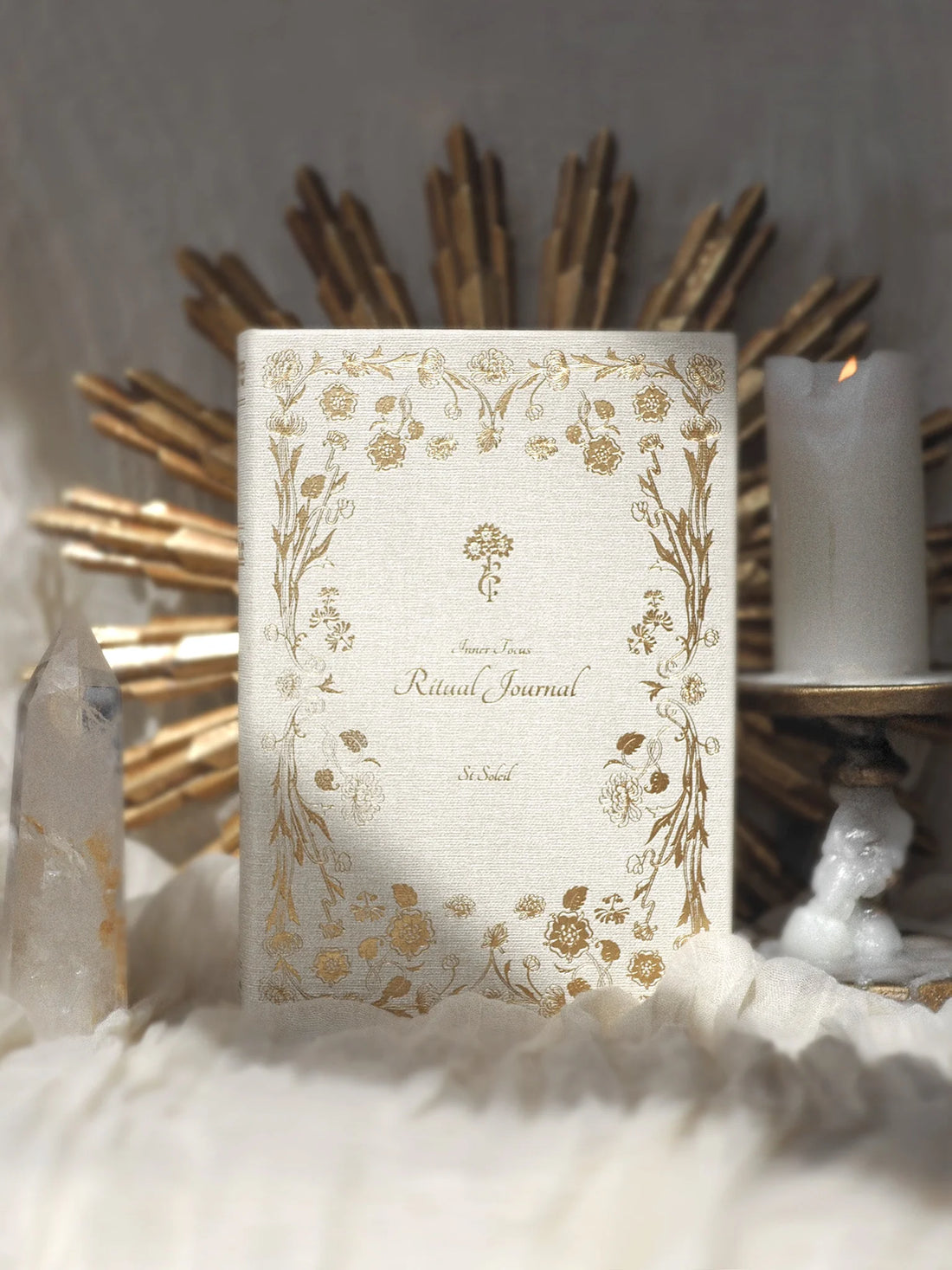 Decorative journal with gold floral patterns beige linen ritual journal
