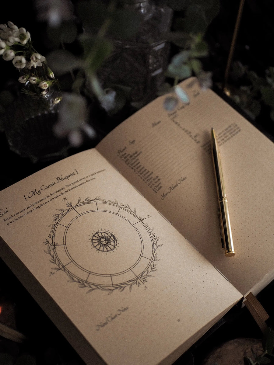 Open journal with astrological diagram and pen on a dark background