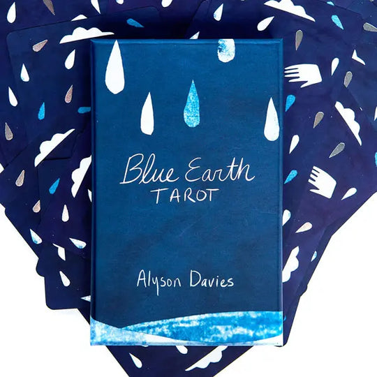 blue earth tarot deck's 2 piece box with thumb cut in blue color