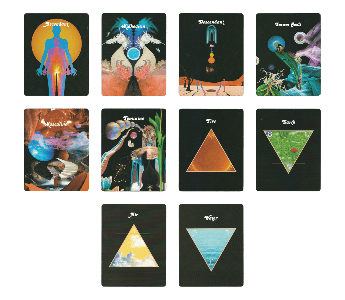 Ascendant, Midheaven, Descendant, Imum coeli, Masculine, Feminine, Fire, Earth, Air and Water cards of celestial bodies oracle deck by Devany Amber Wolfe (SERPENTFIRE)