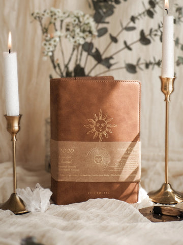 Brown leather notebook with embossed design | 2026 Celestial Journal by St. Soleil