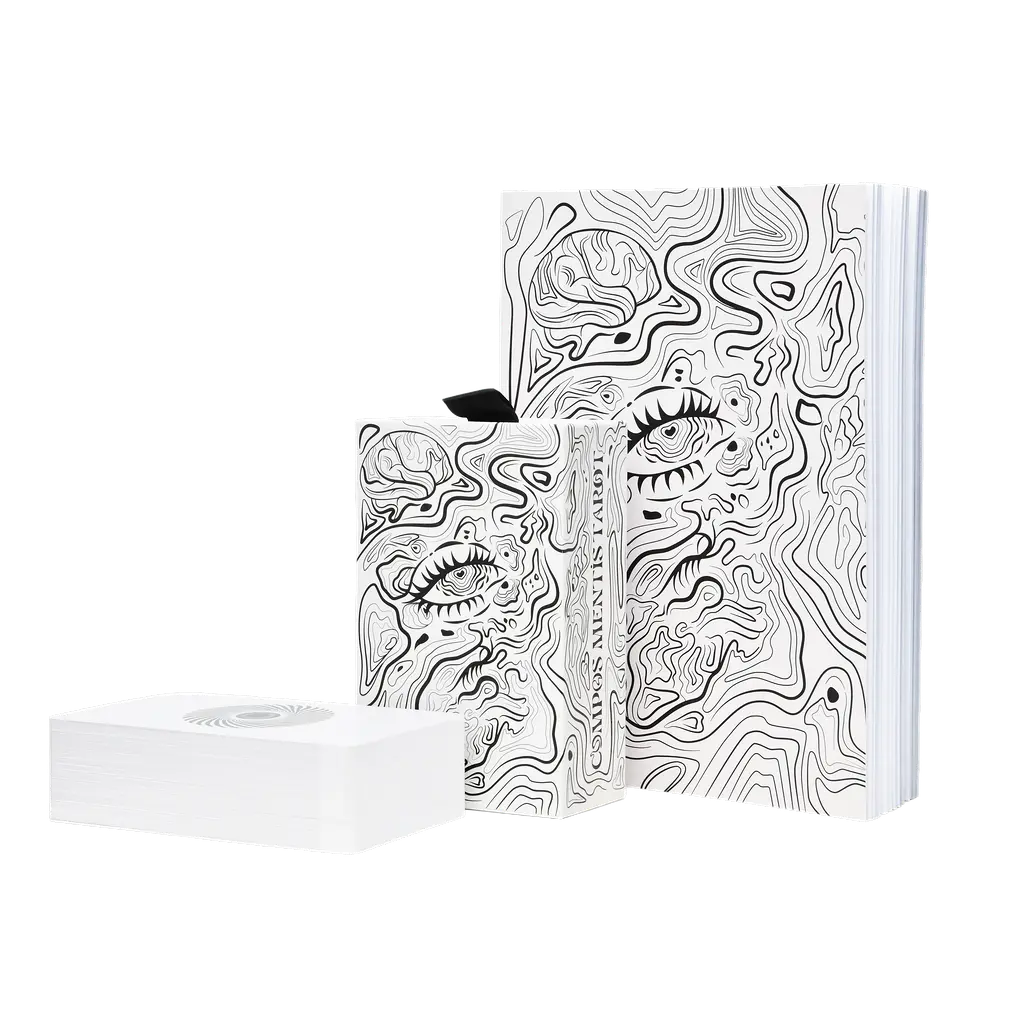 compos mentis tarot deck box and cards in front of the storybook
