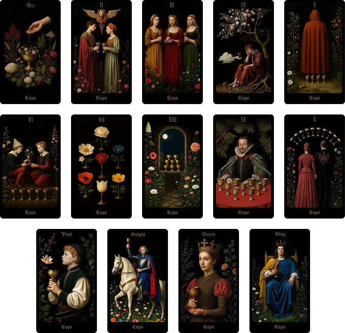 preview of the cups cards from the secret garden tarot