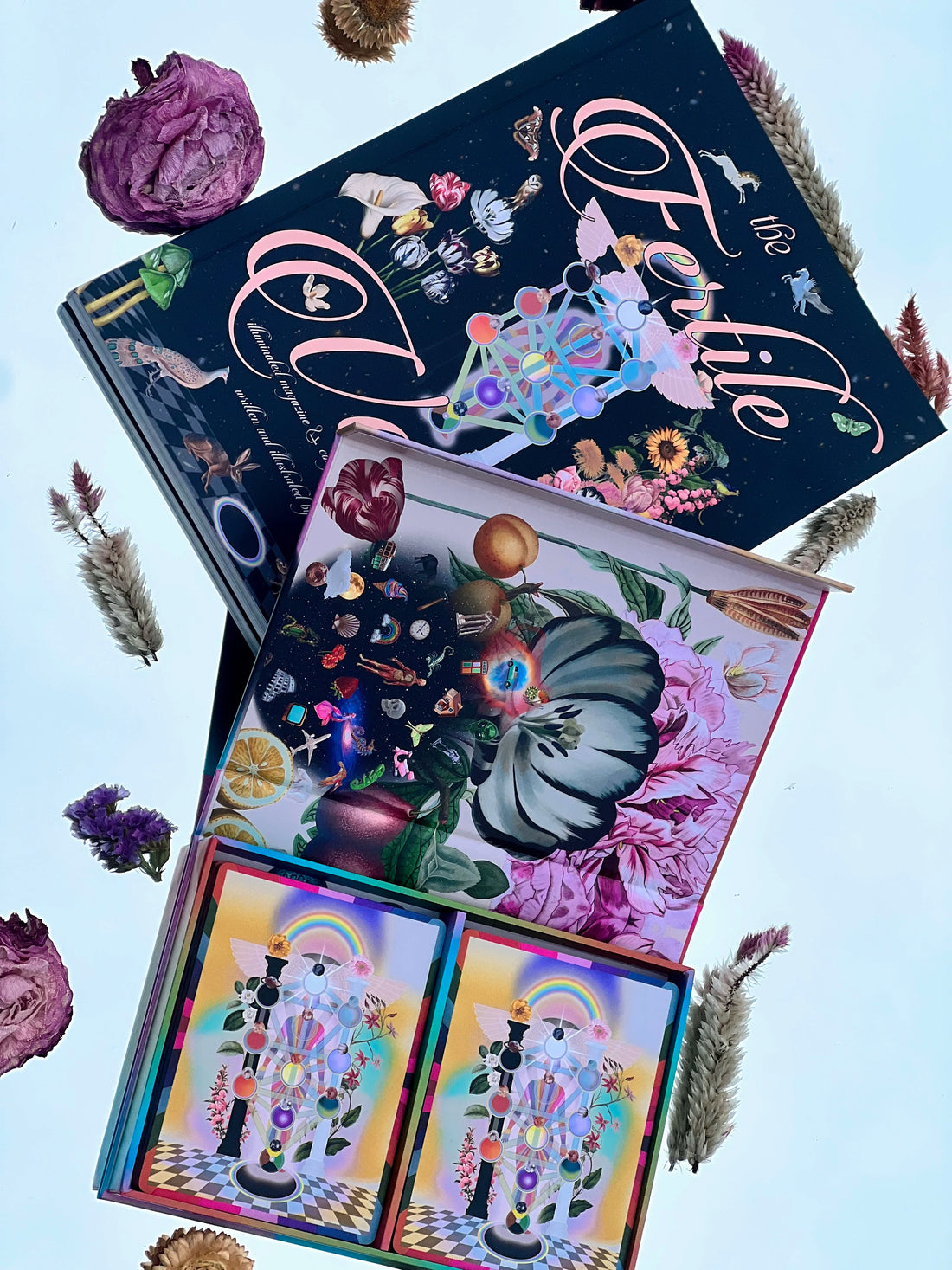 fertile void tarot deck box opened with 2 compartments & magazine in background