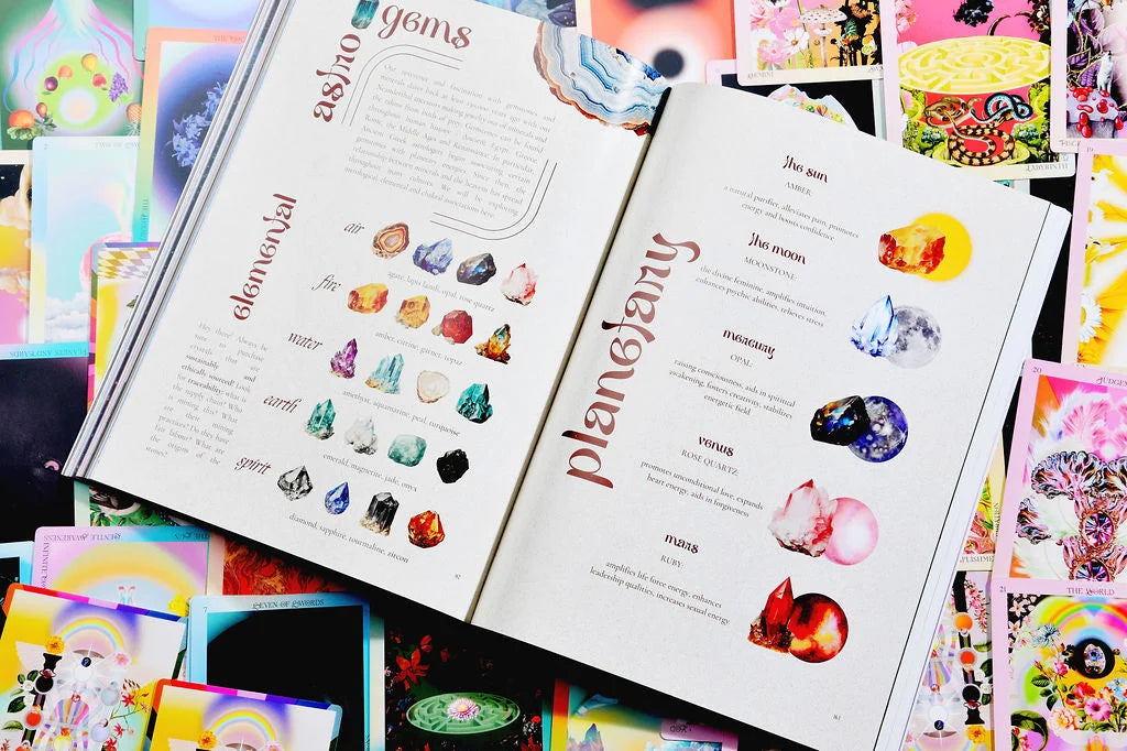 A preview of the magazine showing colorful crystal and gemstone illustrations with headings like 'astroid gems', 'elemental stones', and 'planetary'.