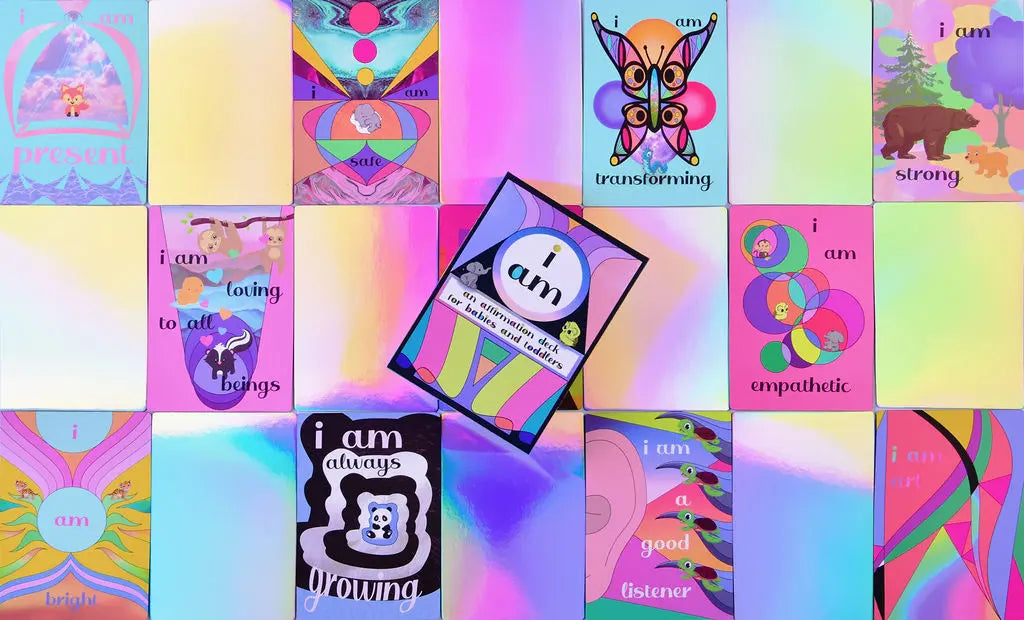 Collage of colorful affirmation cards with motivational phrases on a multicolored background