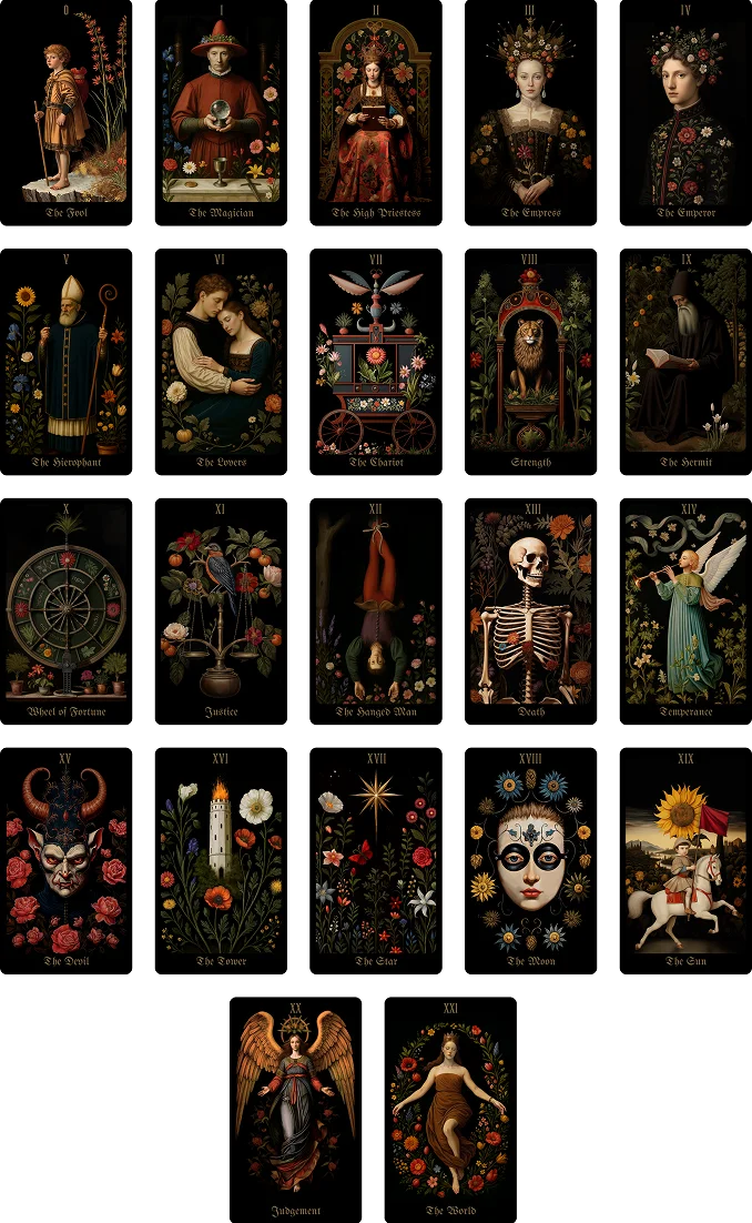 preview of the major arcana cards from the secret garden tarot