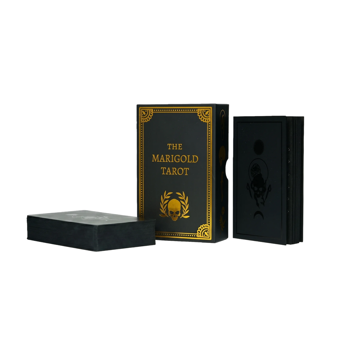 Black box with gold text 'The Marigold Tarot' on transparent background