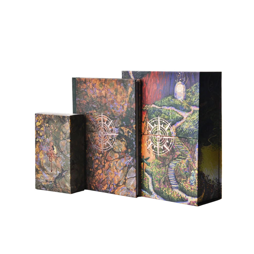 Cards book and box showing all contents of the oracle of many paths oracle deck