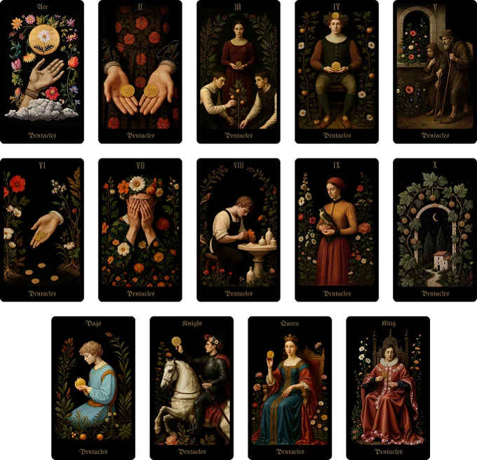 preview of the pentacles cards from the secret garden tarot