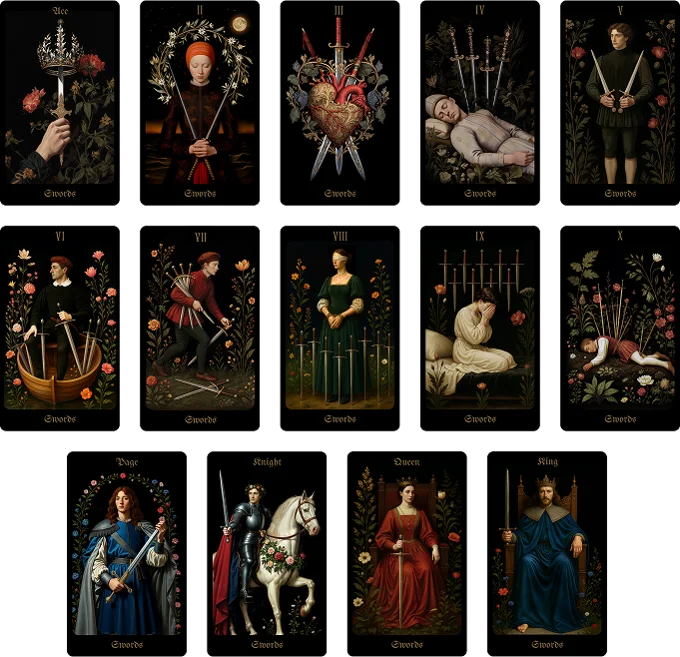 preview of the swords cards from the secret garden tarot