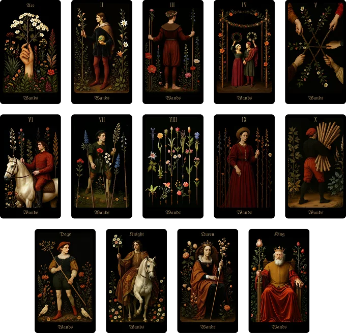 preview of the wands cards from the secret garden tarot