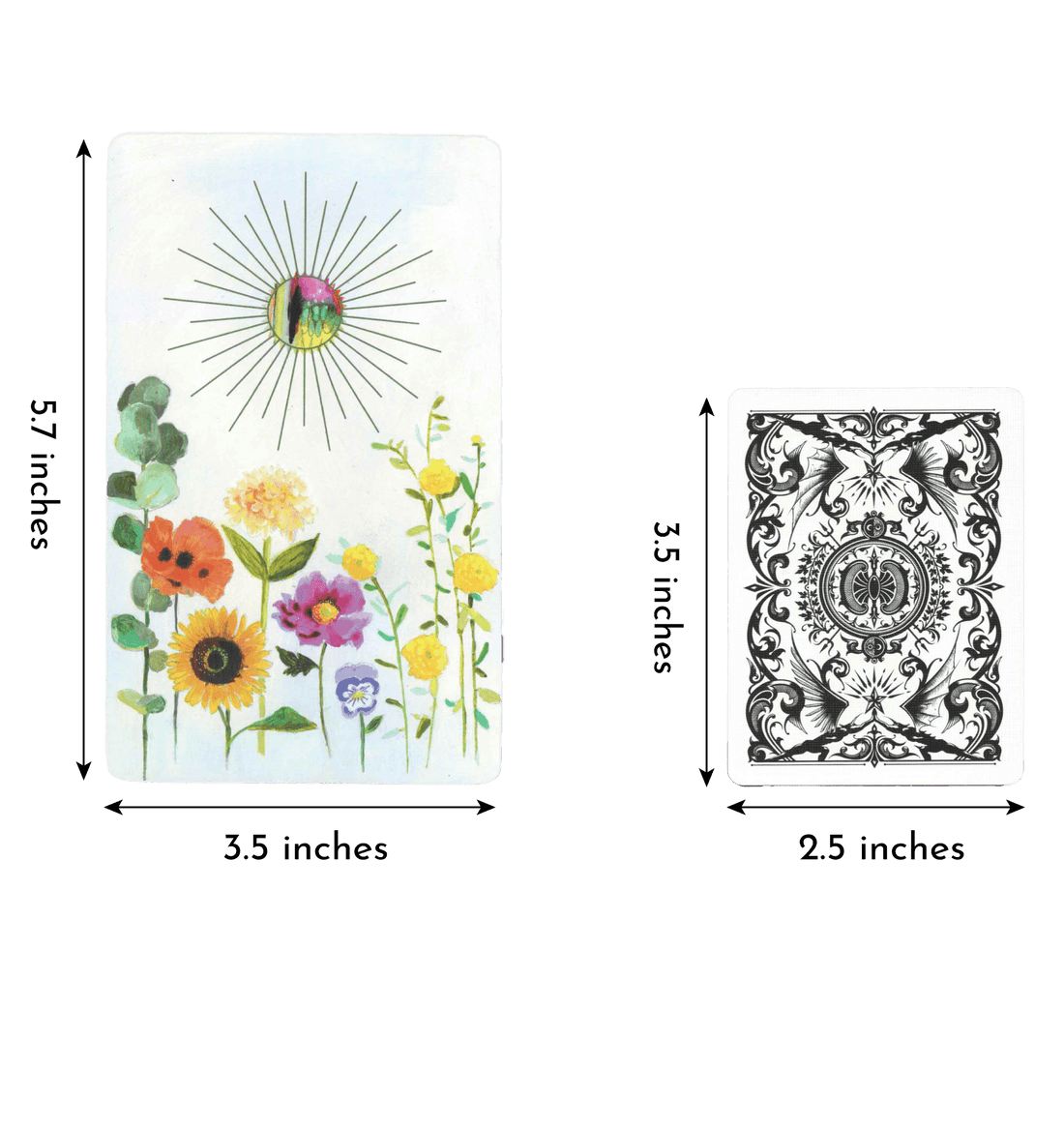 Flower Medicine Oracle Deck by Cathy Nichols. Comparing card in deck with regular playing card. Flower card has height 5.7 inches and width 3.5 inches.