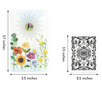 Flower Medicine Oracle Deck by Cathy Nichols. Comparing card in deck with regular playing card. Flower card has height 5.7 inches and width 3.5 inches.