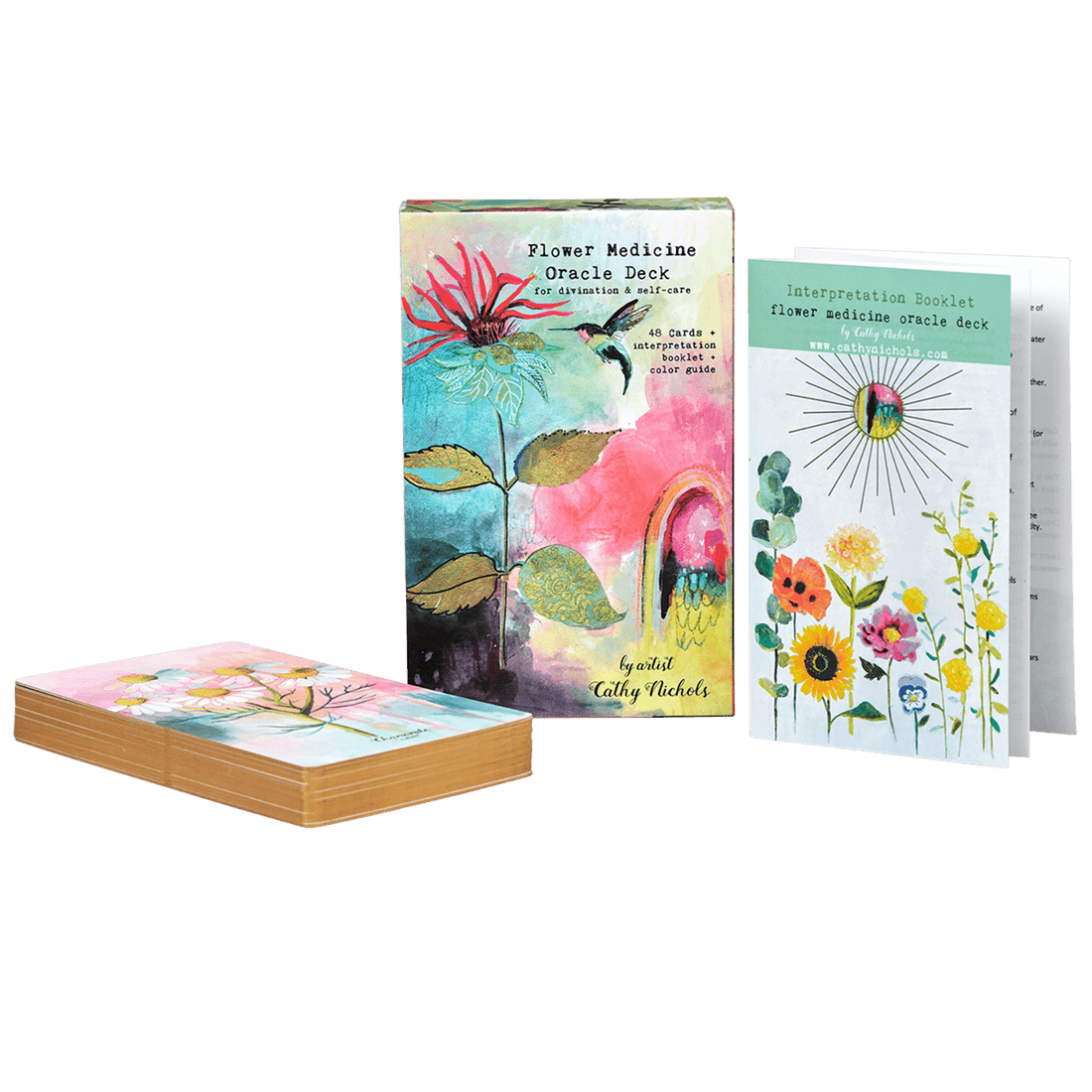 Flower Medicine Oracle Deck by Cathy Nichols. Front of deck along with guidebook