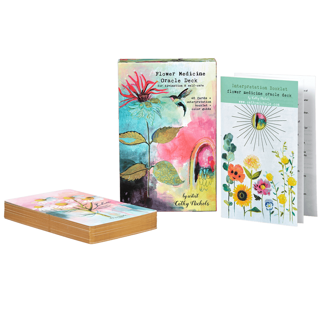 Flower Medicine Oracle Deck by Cathy Nichols. Front of deck along with guidebook