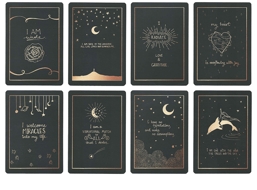 First eight affirmation cards of the deck by Dreamymoons, all cards in black and gold