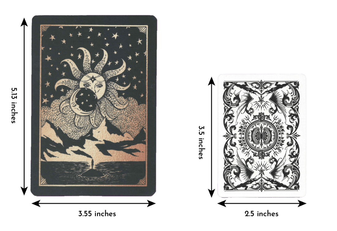 Comparing the length and width of an Affirmation card by Dreamy Moons of length 5.13 inches and width 3.53 inches to a regular playing card of length 3.5 inches and width 2.5 inches