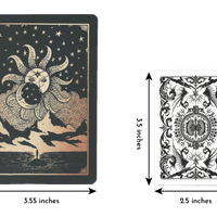 Comparing the length and width of an Affirmation card by Dreamy Moons of length 5.13 inches and width 3.53 inches to a regular playing card of length 3.5 inches and width 2.5 inches