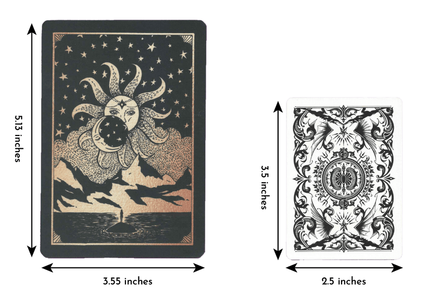 Comparing the length and width of an Affirmation card by Dreamy Moons of length 5.13 inches and width 3.53 inches to a regular playing card of length 3.5 inches and width 2.5 inches