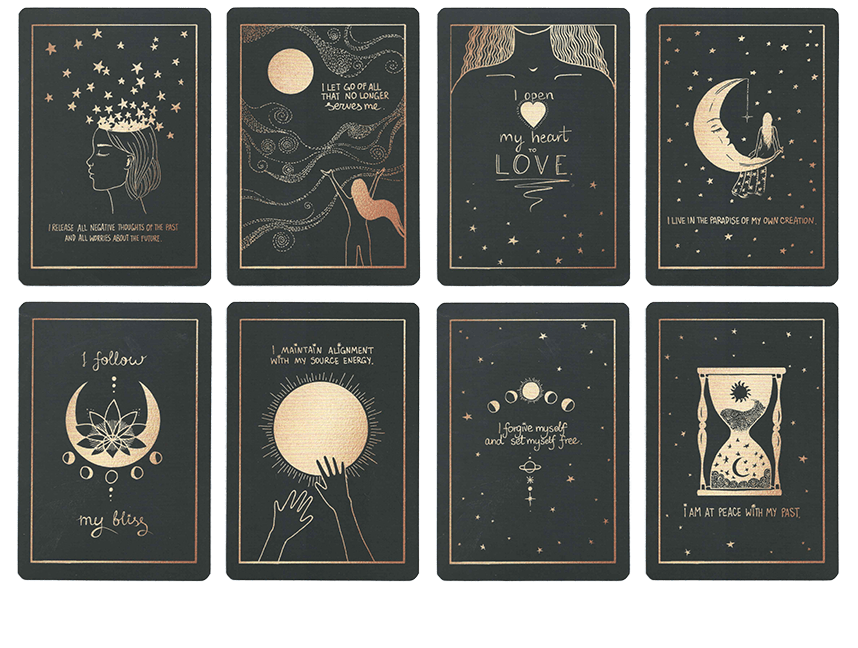 preview of affirmation cards of the deck by Dreamymoons, all cards in black and gold