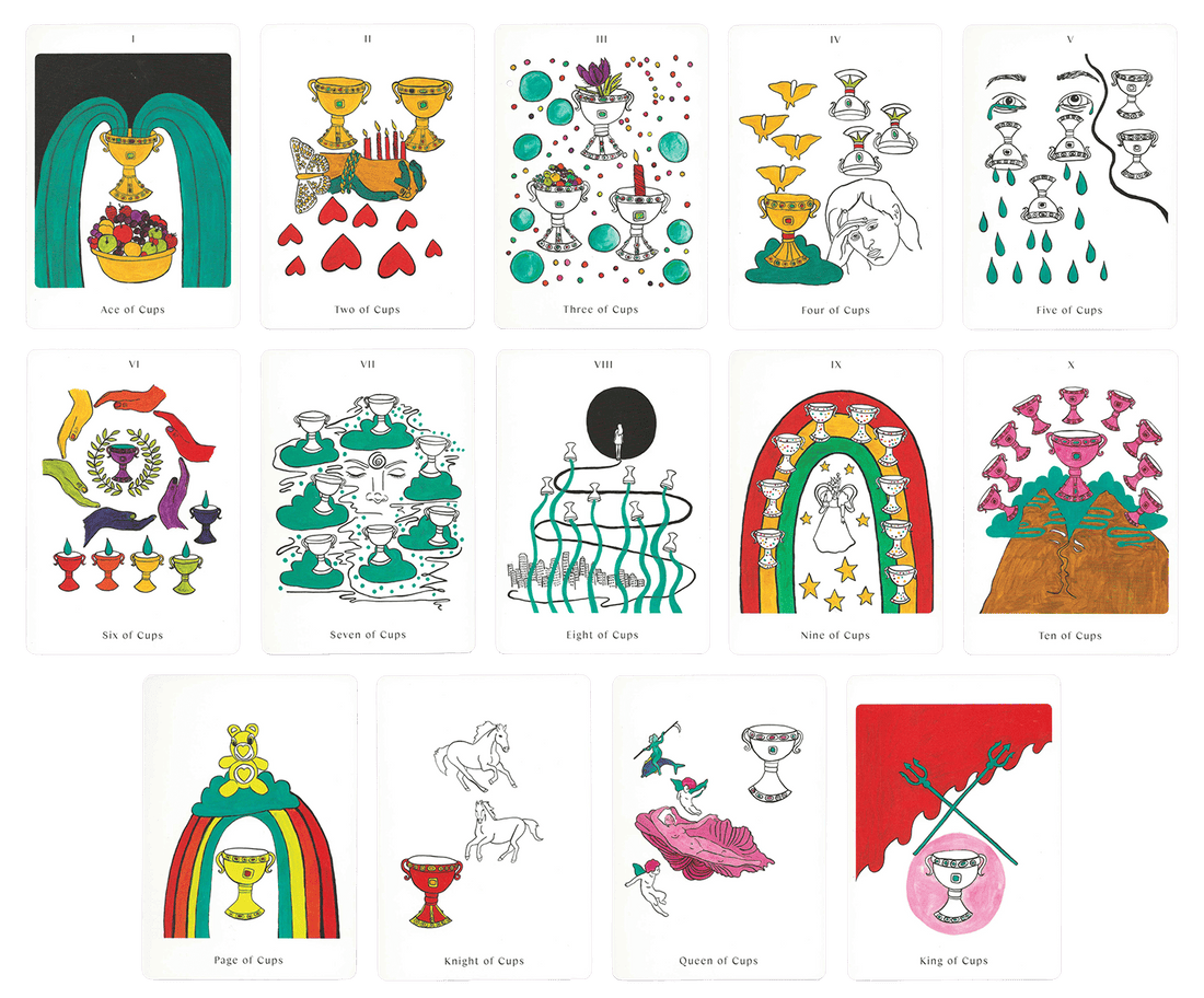 Cups minor arcana cards of the Apparition Tarot deck by Mary Evans (Spirit Speak Tarot). All minor arcana cups cards along with face cards of Apparitions Tarot