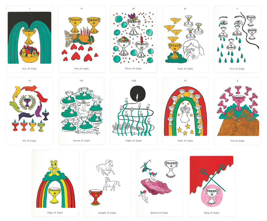 Cups minor arcana cards of the Apparition Tarot deck by Mary Evans (Spirit Speak Tarot). All minor arcana cups cards along with face cards of Apparitions Tarot