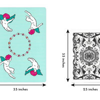 Comparing the length and width of an Apparition Tarot deck card by Mary Evans (Spirit Speak) of length 5 inches and width 3.5 inches to a regular playing card of length 3.5 inches and width 2.5 inches.