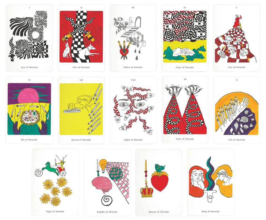Swords minor arcana cards of the Apparition Tarot deck by Mary Evans (Spirit Speak Tarot). Minor arcana Swords cards along with face cards of Apparitions Tarot