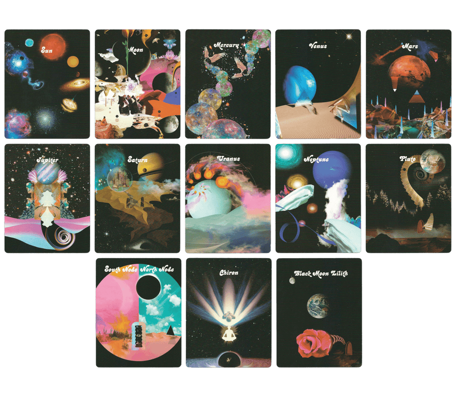 Sun, Moon, Mercury, Venus, Mars, Jupiter, Saturn, Uranus, Neptune, Pluto, South Node North Node, Chiron and Black Moon Lilith cards of celestial bodies oracle deck by Devany Amber Wolfe (SERPENTFIRE)