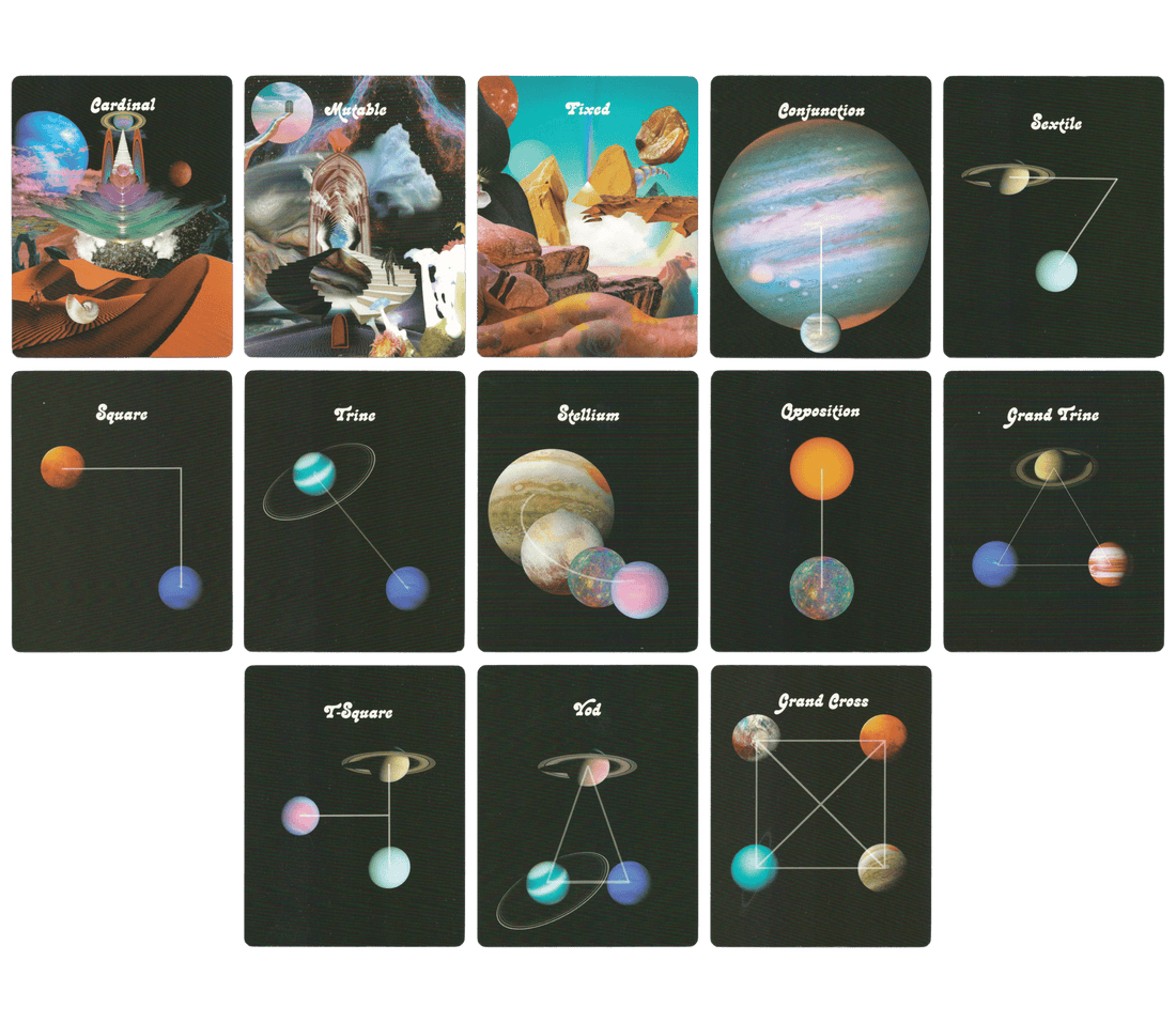 Cardinal, Mutable, Fixed, Conjunction, Sextile, Square, Trine, Stellium, Opposition, Grand Trine, T-Square, Yod and Grand Cross cards of celestial bodies oracle deck by Devany Amber Wolfe (SERPENTFIRE)