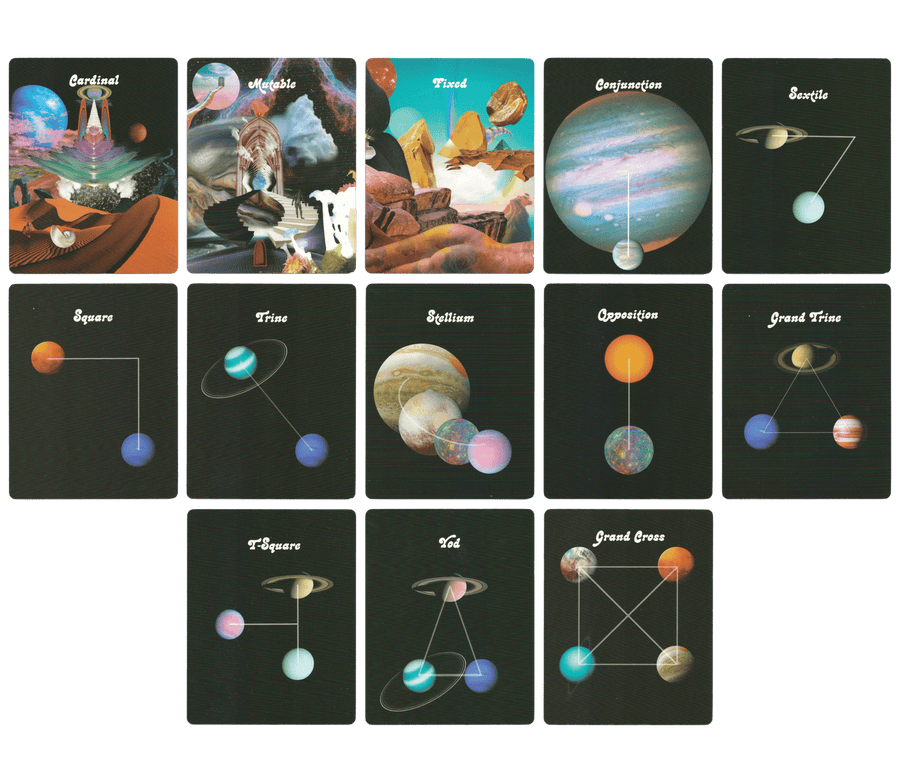 Cardinal, Mutable, Fixed, Conjunction, Sextile, Square, Trine, Stellium, Opposition, Grand Trine, T-Square, Yod and Grand Cross cards of celestial bodies oracle deck by Devany Amber Wolfe (SERPENTFIRE)