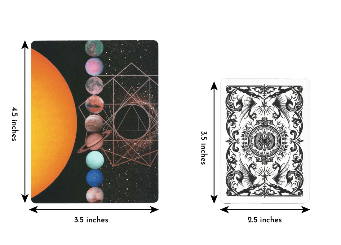 Comparing the length and width of a Celestial Bodies Astrology and Numerology Oracle deck card of length 4.5 inches and width 3.5 inches to a regular playing card of length 3.5 inches and width 2.5 inches