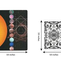 Comparing the length and width of a Celestial Bodies Astrology and Numerology Oracle deck card of length 4.5 inches and width 3.5 inches to a regular playing card of length 3.5 inches and width 2.5 inches