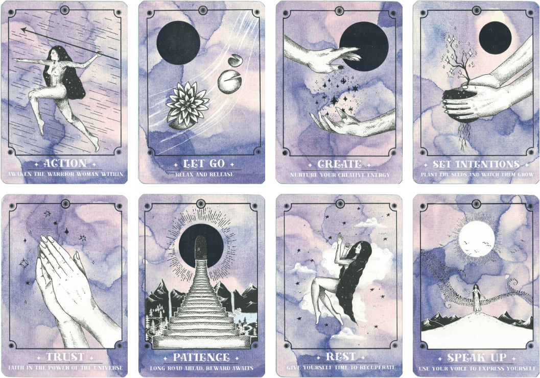 cosmic guidance oracle deck first eight action cards by Annie Tarasova (DreamyMoons)