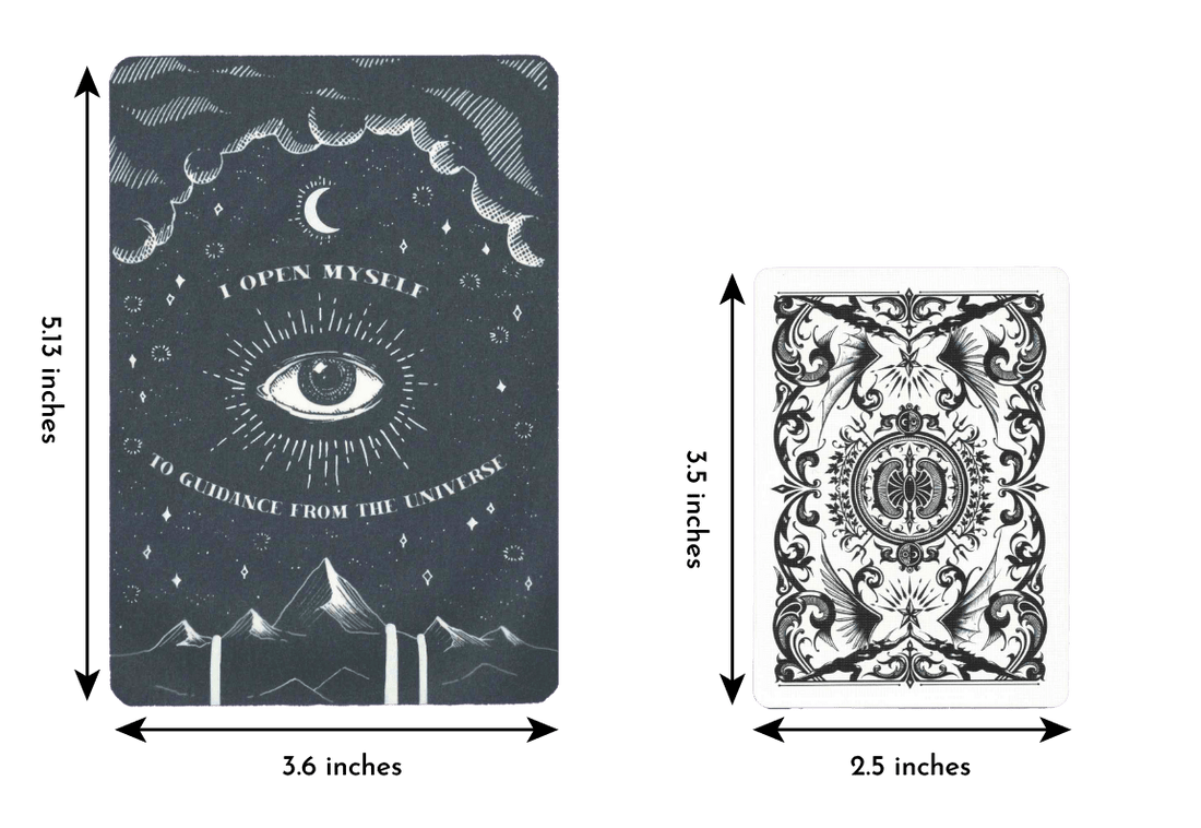 cosmic guidance oracle deck card of length 5.13 inches and width 3.6 inches compared to a regular playing card of length 3.5 inches and width 2.5 inches