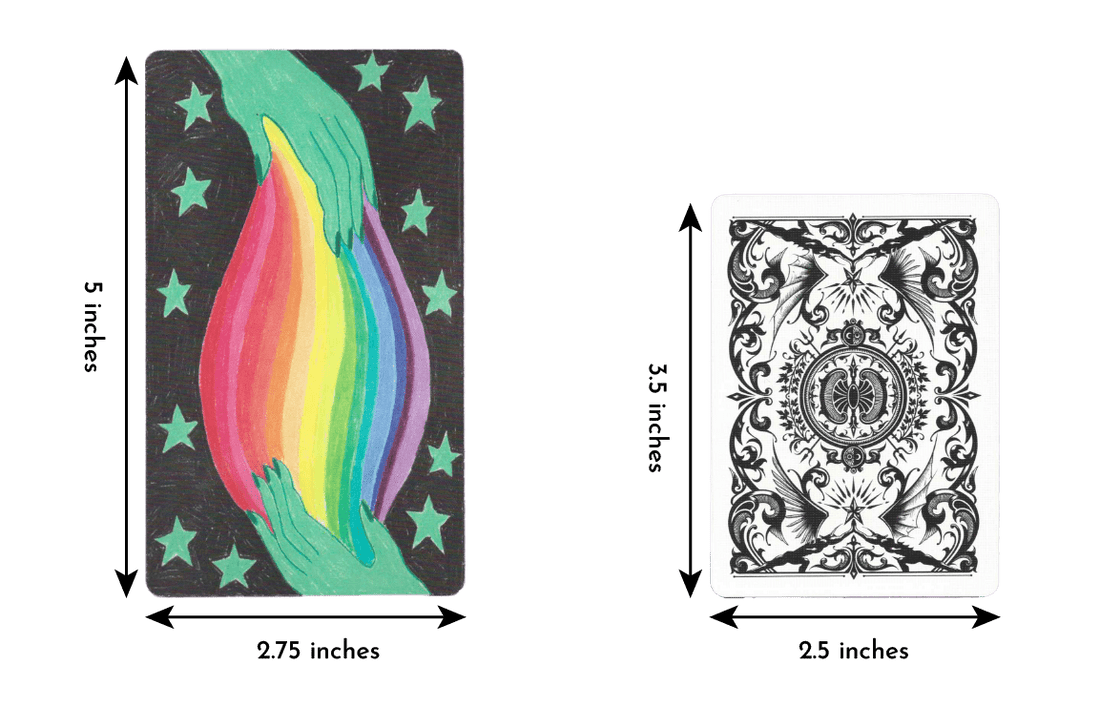 iris oracle deck card size of length 5 inches and width 2.75 inches compared to regular playing card of length 3.5 inches and width 2.5 inches